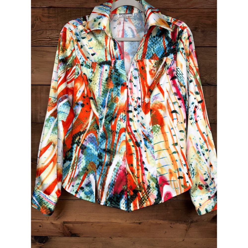 Mishca Zip Front Top Womens Large Abstract Print Stretch Art to Wear